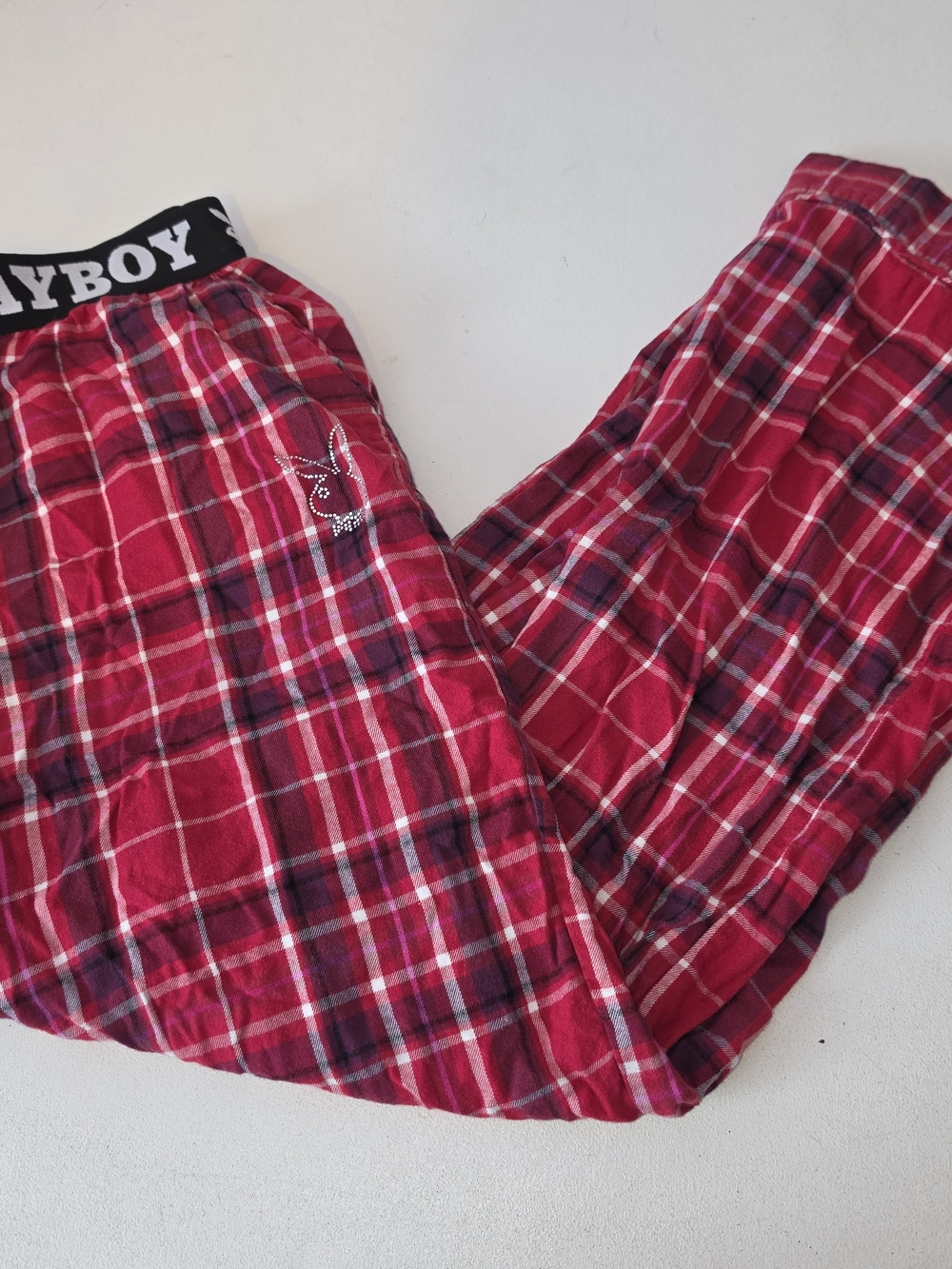 PLAYBOY Red Plaid Lounge Pajama Pants with Rhinestone Bunny